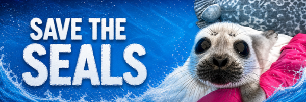 Save The Seals banner with a seal pup in a pink jacket